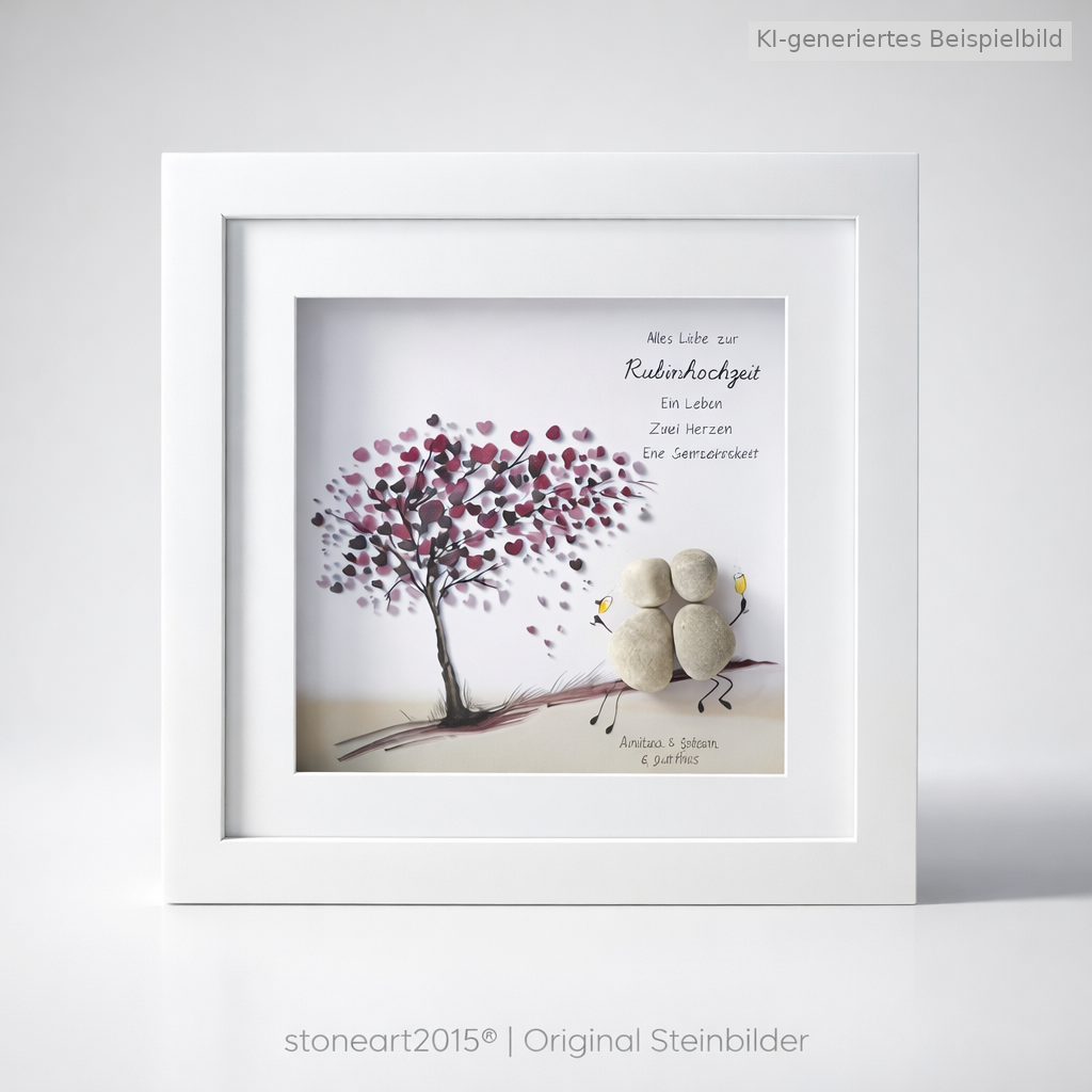 Kieselsteinbild Rubinhochzeit – Geschenk zum 40. Hochzeitstag, handgemachtes Steinbild
