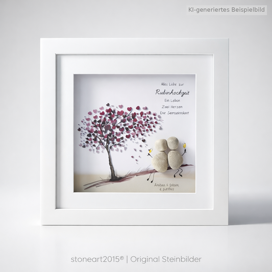 Kieselsteinbild Rubinhochzeit – Geschenk zum 40. Hochzeitstag, handgemachtes Steinbild