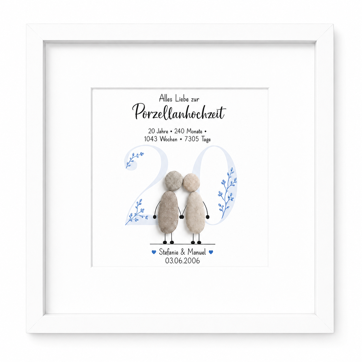 Kieselsteinbild Porzellanhochzeit – personalisierbares Geschenk zum 20. Hochzeitstag, handgemachtes Steinbild