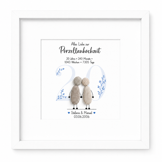 Kieselsteinbild Porzellanhochzeit – personalisierbares Geschenk zum 20. Hochzeitstag, handgemachtes Steinbild