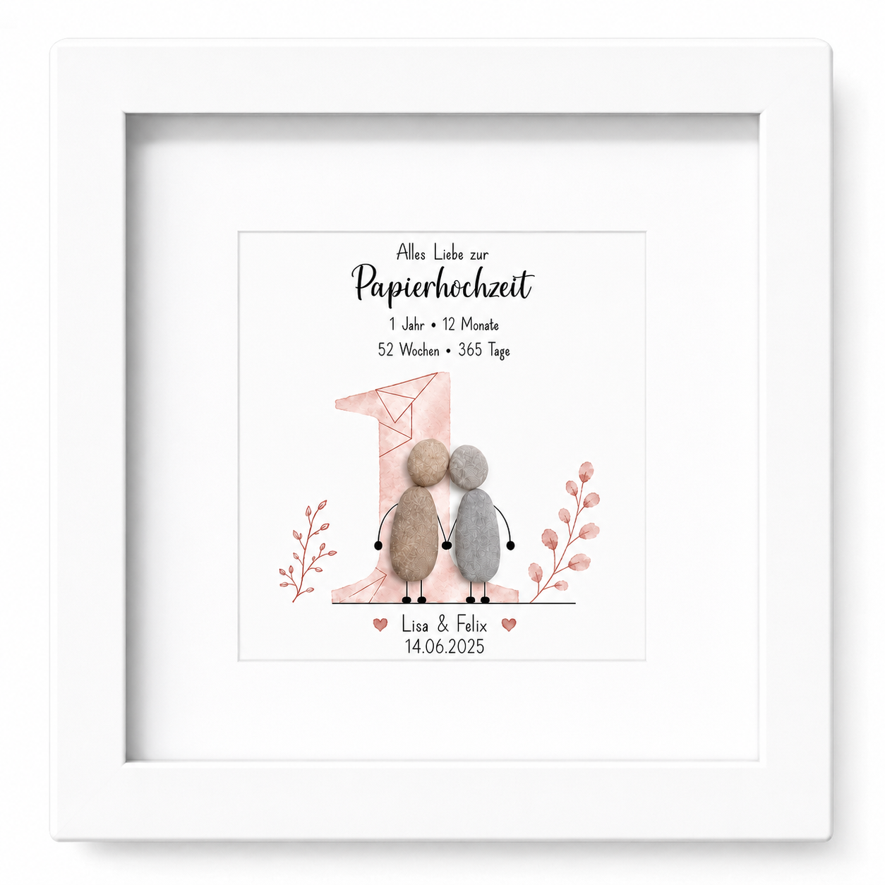 Kieselsteinbild Papierhochzeit – personalisierbares Geschenk zum 1. Hochzeitstag, handgemachtes Steinbild