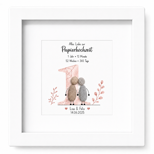 Kieselsteinbild Papierhochzeit – personalisierbares Geschenk zum 1. Hochzeitstag, handgemachtes Steinbild