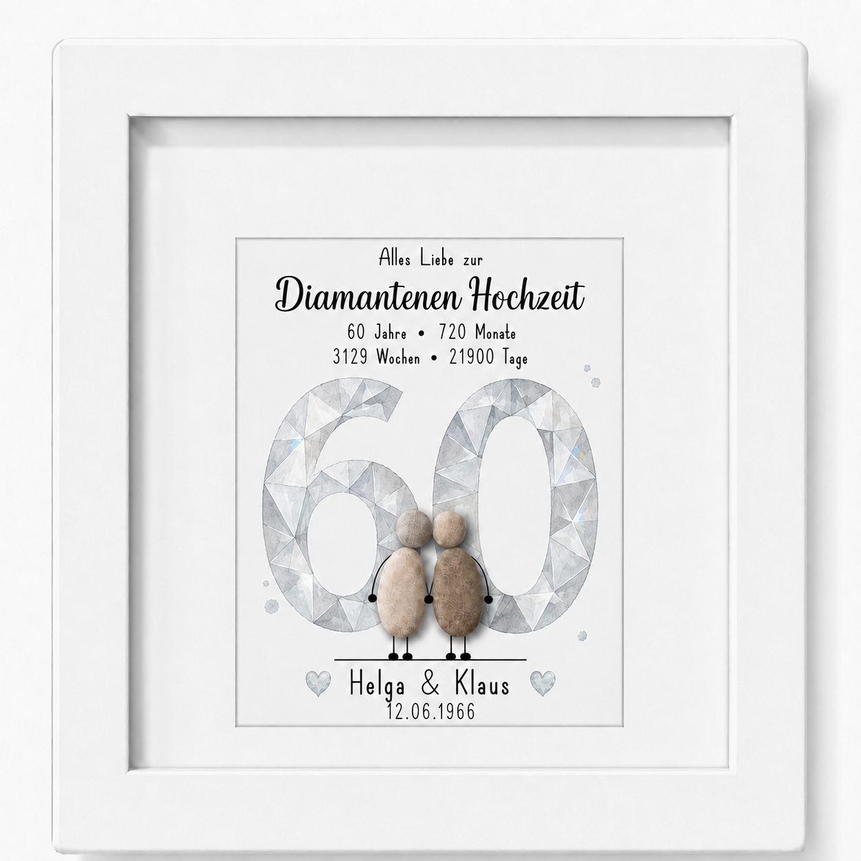 Kieselsteinbild Diamantene Hochzeit – personalisierbares Geschenk zum 60. Hochzeitstag, handgemachtes Steinbild