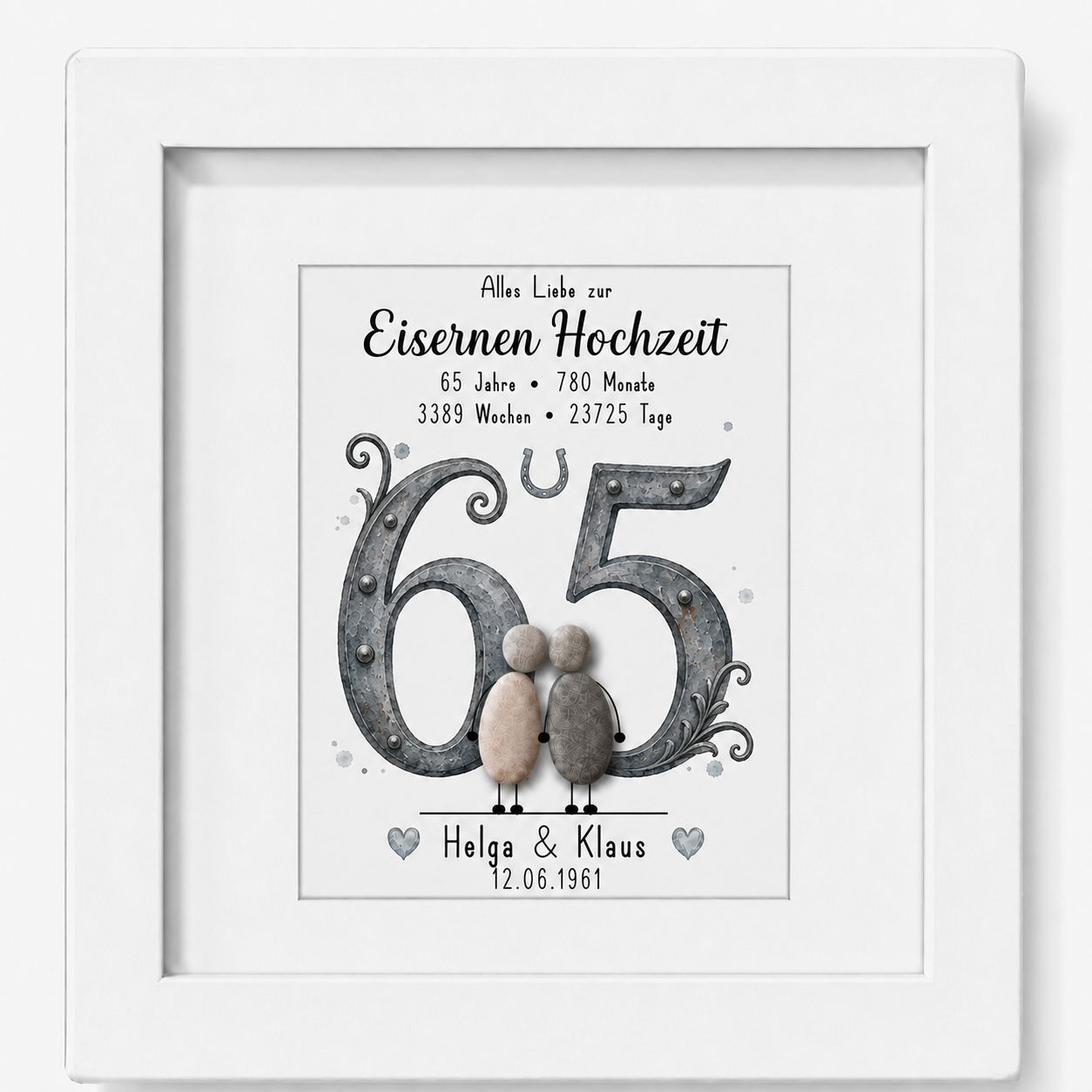 Kieselsteinbild Eiserne Hochzeit – personalisierbares Geschenk zum 65. Hochzeitstag, handgemachtes Steinbild