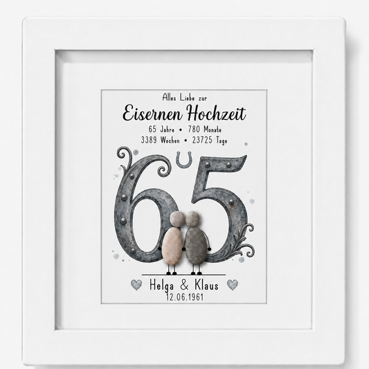 Kieselsteinbild Eiserne Hochzeit – personalisierbares Geschenk zum 65. Hochzeitstag, handgemachtes Steinbild
