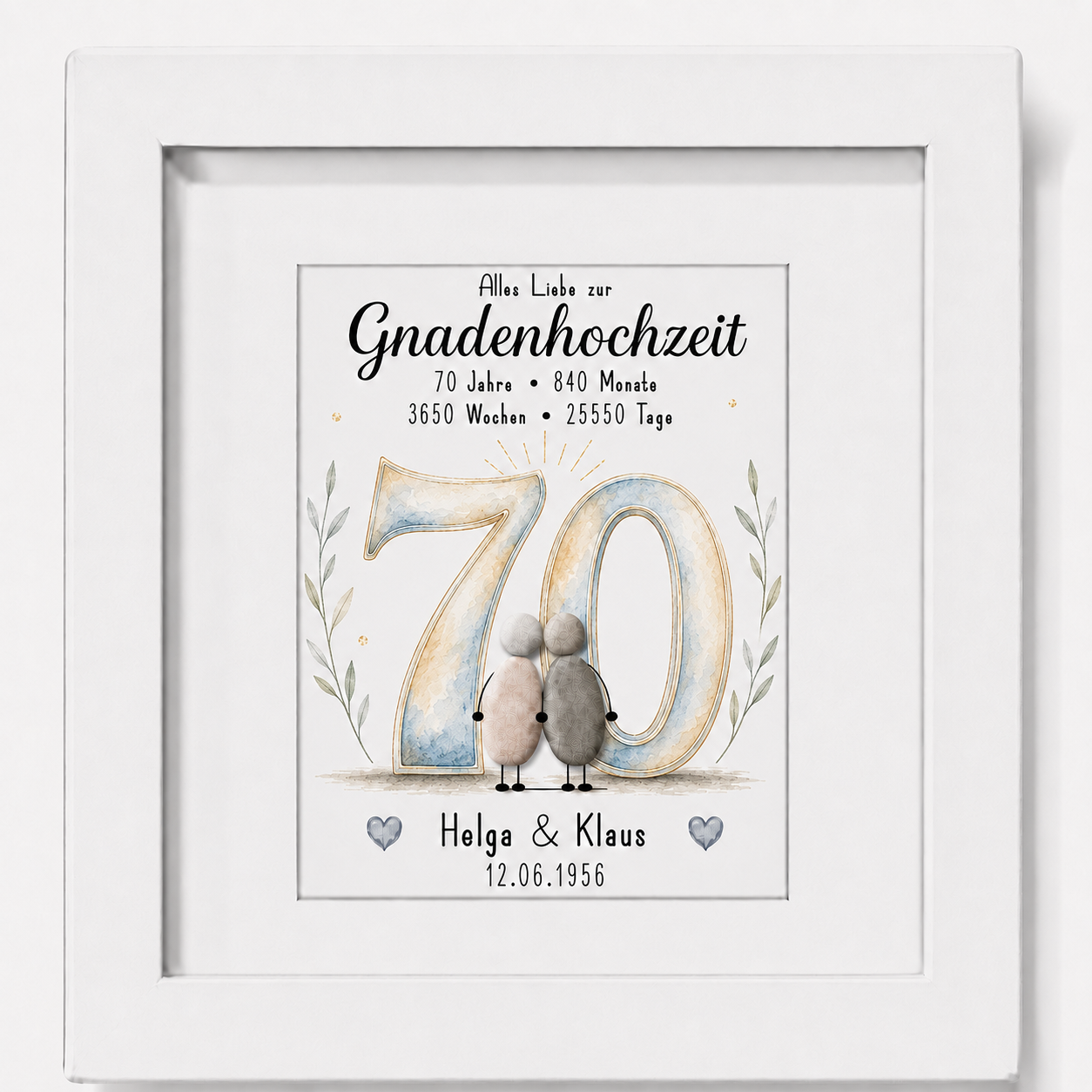 Kieselsteinbild Gnadenhochzeit – personalisierbares Geschenk zum 70. Hochzeitstag, handgemachtes Steinbild