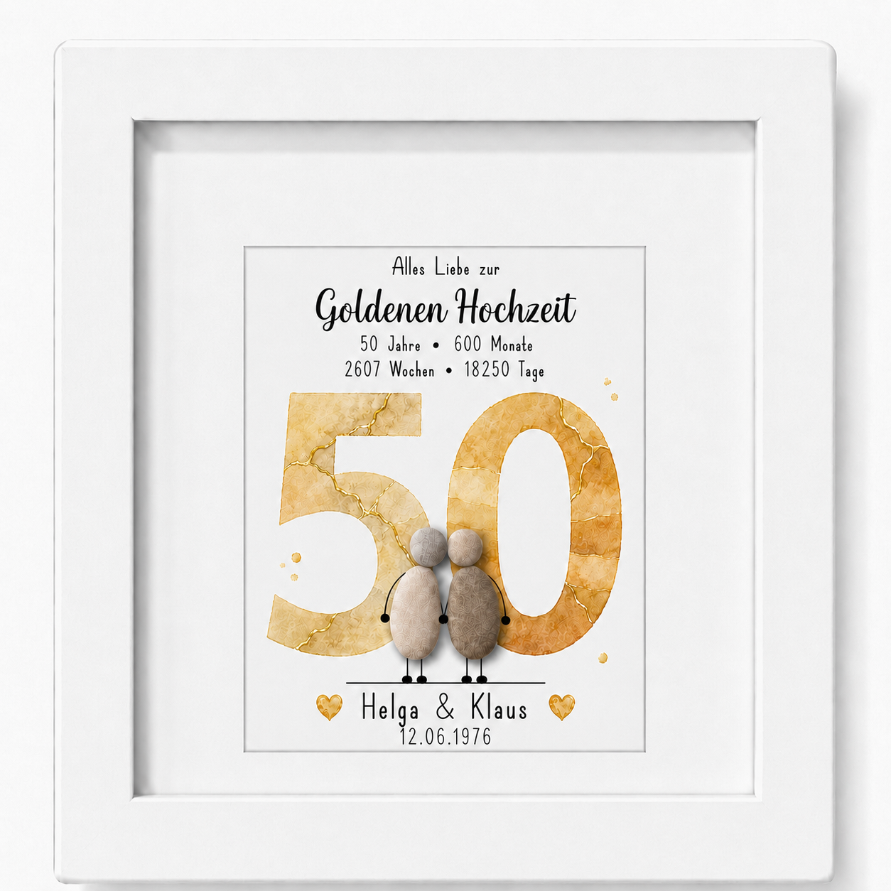 Kieselsteinbild Goldene Hochzeit – personalisierbares Geschenk zum 50. Hochzeitstag, handgemachtes Steinbild