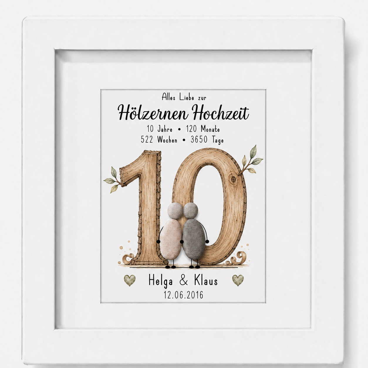 Kieselsteinbild Hölzerne Hochzeit – personalisierbares Geschenk zum 10. Hochzeitstag, handgemachtes Steinbild