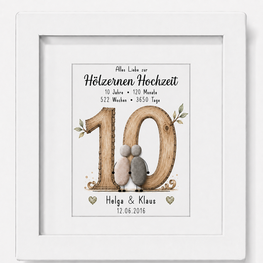 Kieselsteinbild Hölzerne Hochzeit – personalisierbares Geschenk zum 10. Hochzeitstag, handgemachtes Steinbild