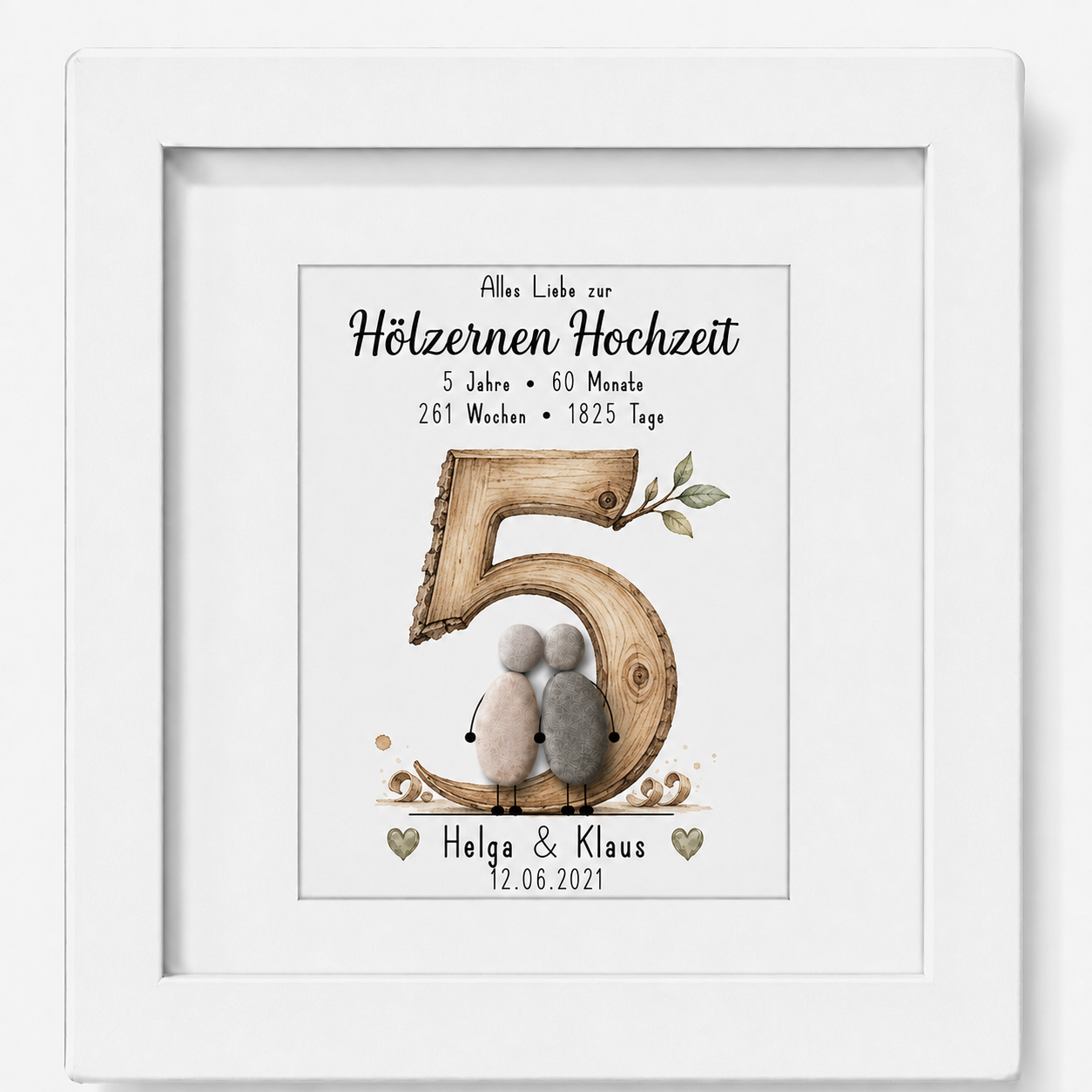 Kieselsteinbild Hölzerne Hochzeit – personalisierbares Geschenk zum 5. Hochzeitstag, handgemachtes Steinbild