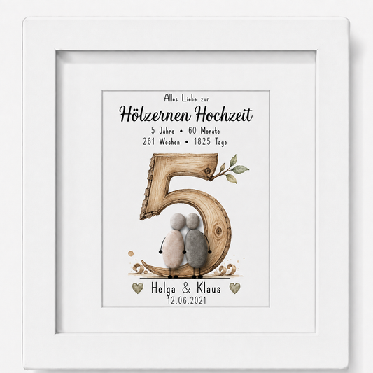 Kieselsteinbild Hölzerne Hochzeit – personalisierbares Geschenk zum 5. Hochzeitstag, handgemachtes Steinbild
