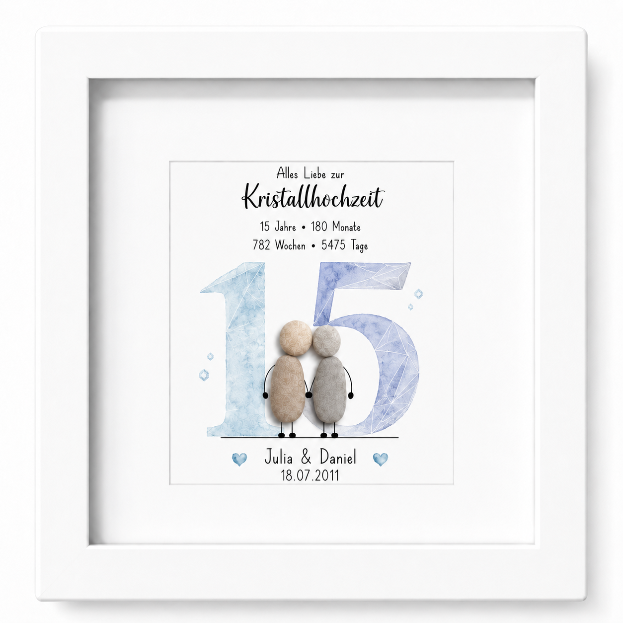 Kieselsteinbild Kristallhochzeit – personalisierbares Geschenk zum 15. Hochzeitstag, handgemachtes Steinbild