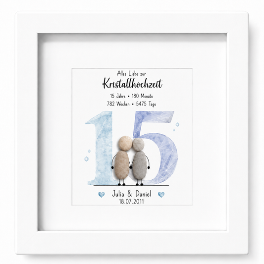 Kieselsteinbild Kristallhochzeit – personalisierbares Geschenk zum 15. Hochzeitstag, handgemachtes Steinbild