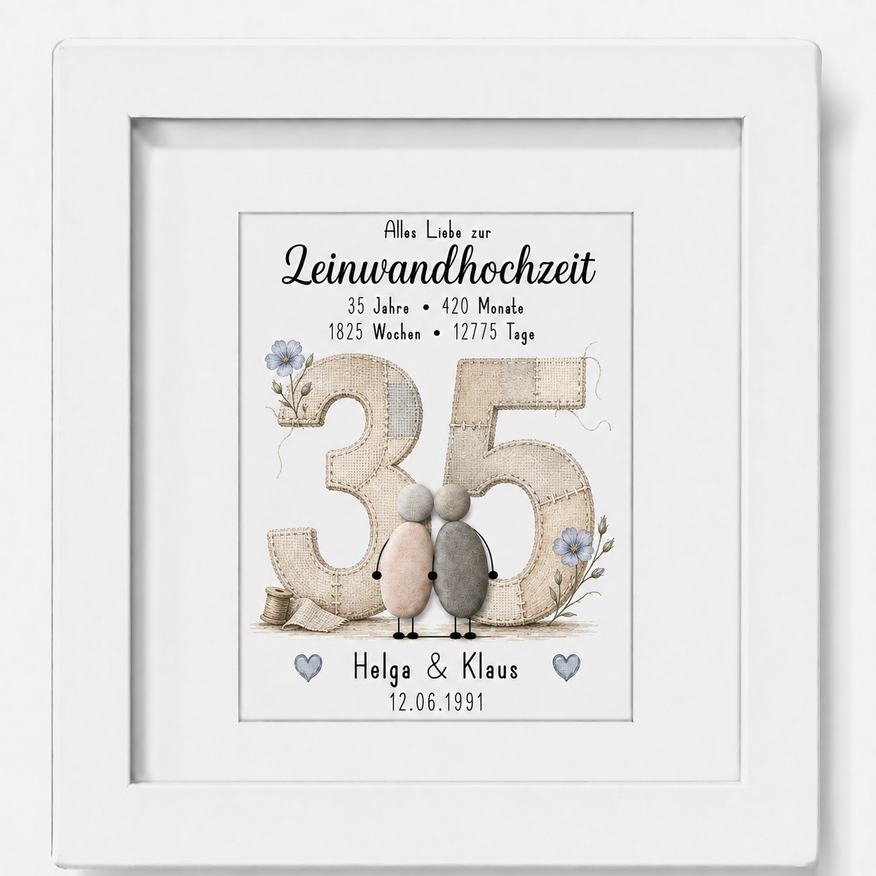 Kieselsteinbild Leinwandhochzeit – personalisierbares Geschenk zum 35. Hochzeitstag, handgemachtes Steinbild
