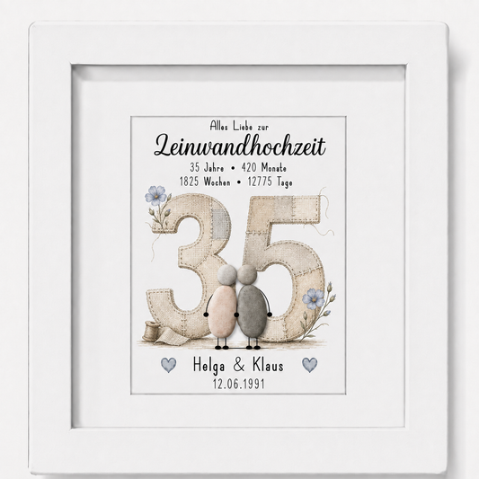 Kieselsteinbild Leinwandhochzeit – personalisierbares Geschenk zum 35. Hochzeitstag, handgemachtes Steinbild