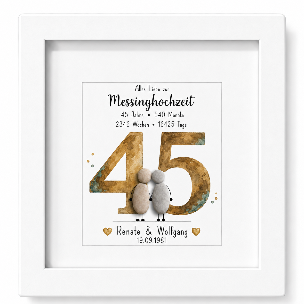 Kieselsteinbild Messinghochzeit – personalisierbares Geschenk zum 45. Hochzeitstag, handgemachtes Steinbild