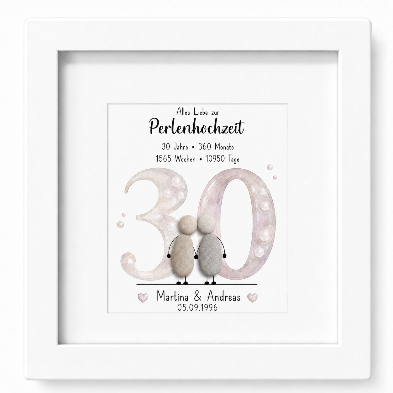 Kieselsteinbild Perlenhochzeit – personalisierbares Geschenk zum 30. Hochzeitstag, handgemachtes Steinbild