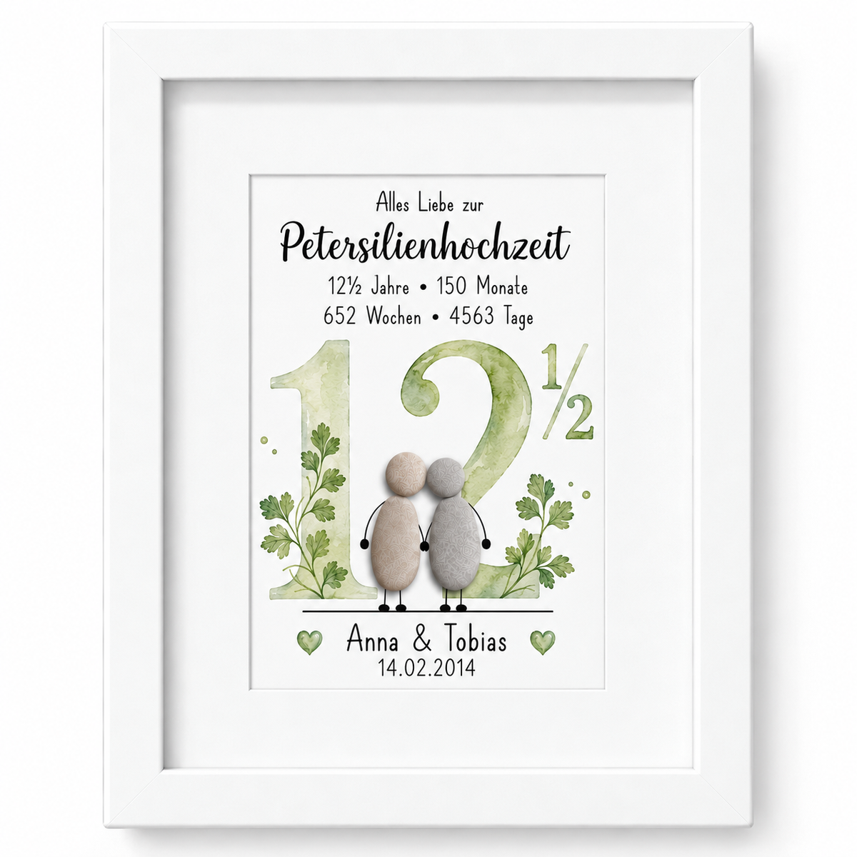 Kieselsteinbild Petersilienhochzeit Paar vor großer 12½ mit Petersilie „Alles Liebe zur Petersilienhochzeit“ – personalisierbares Geschenk zum 12,5. Hochzeitstag, handgemachtes Steinbild