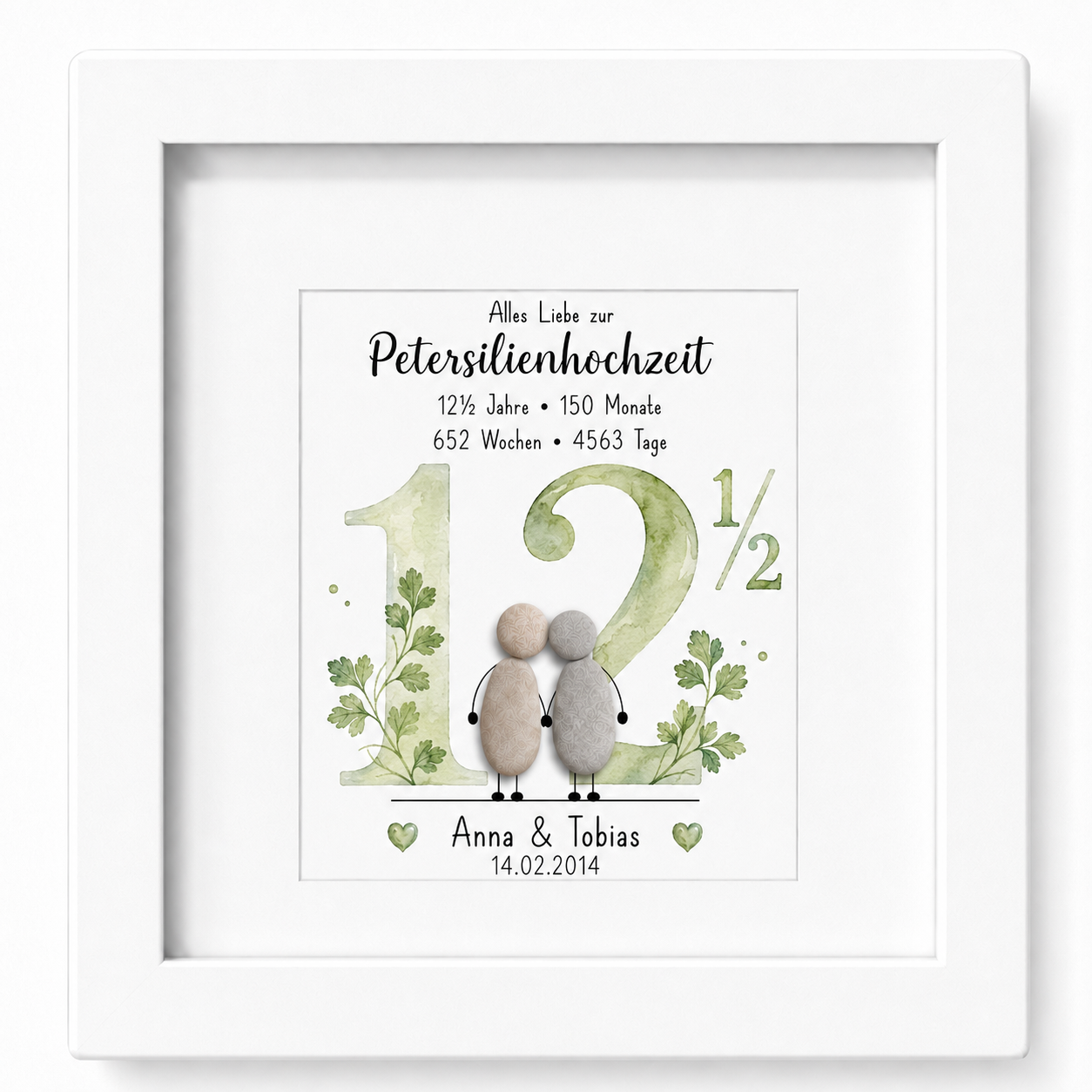Kieselsteinbild Petersilienhochzeit – personalisierbares Geschenk zum 12,5. Hochzeitstag, handgemachtes Steinbild