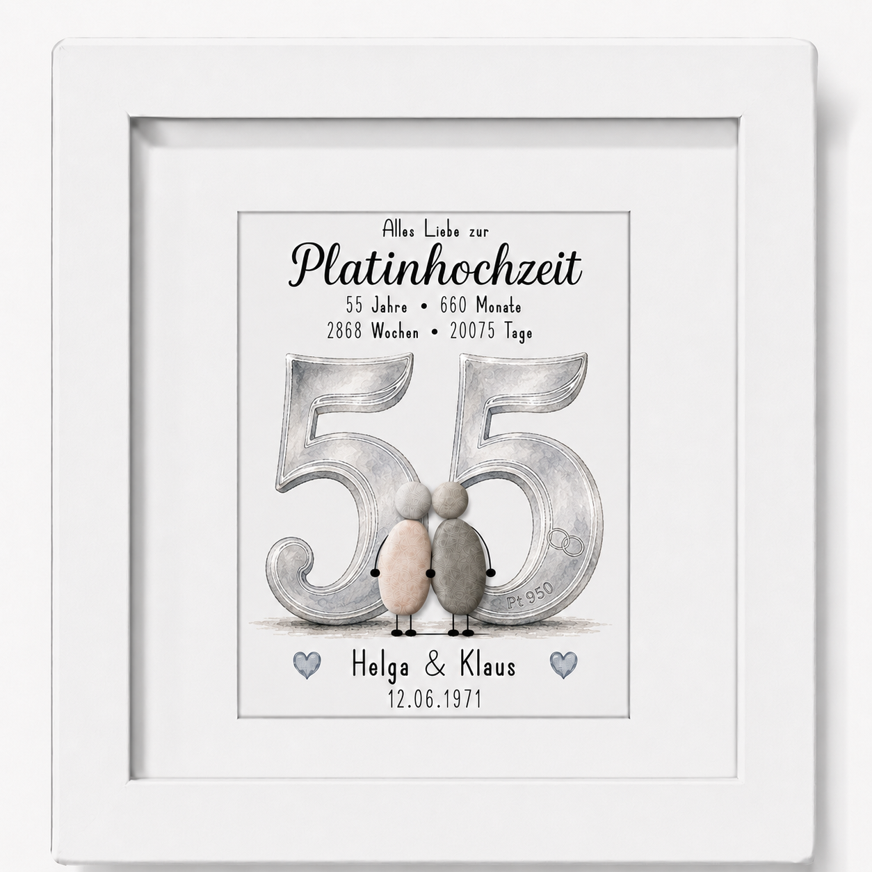 Kieselsteinbild Platinhochzeit – personalisierbares Geschenk zum 55. Hochzeitstag, handgemachtes Steinbild