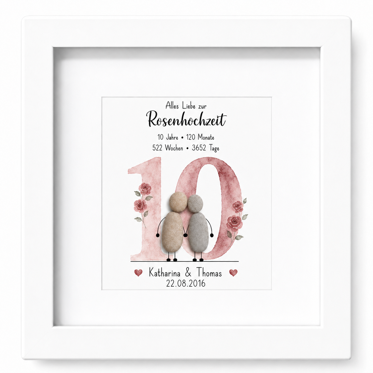 Kieselsteinbild Rosenhochzeit – personalisierbares Geschenk zum 10. Hochzeitstag, handgemachtes Steinbild