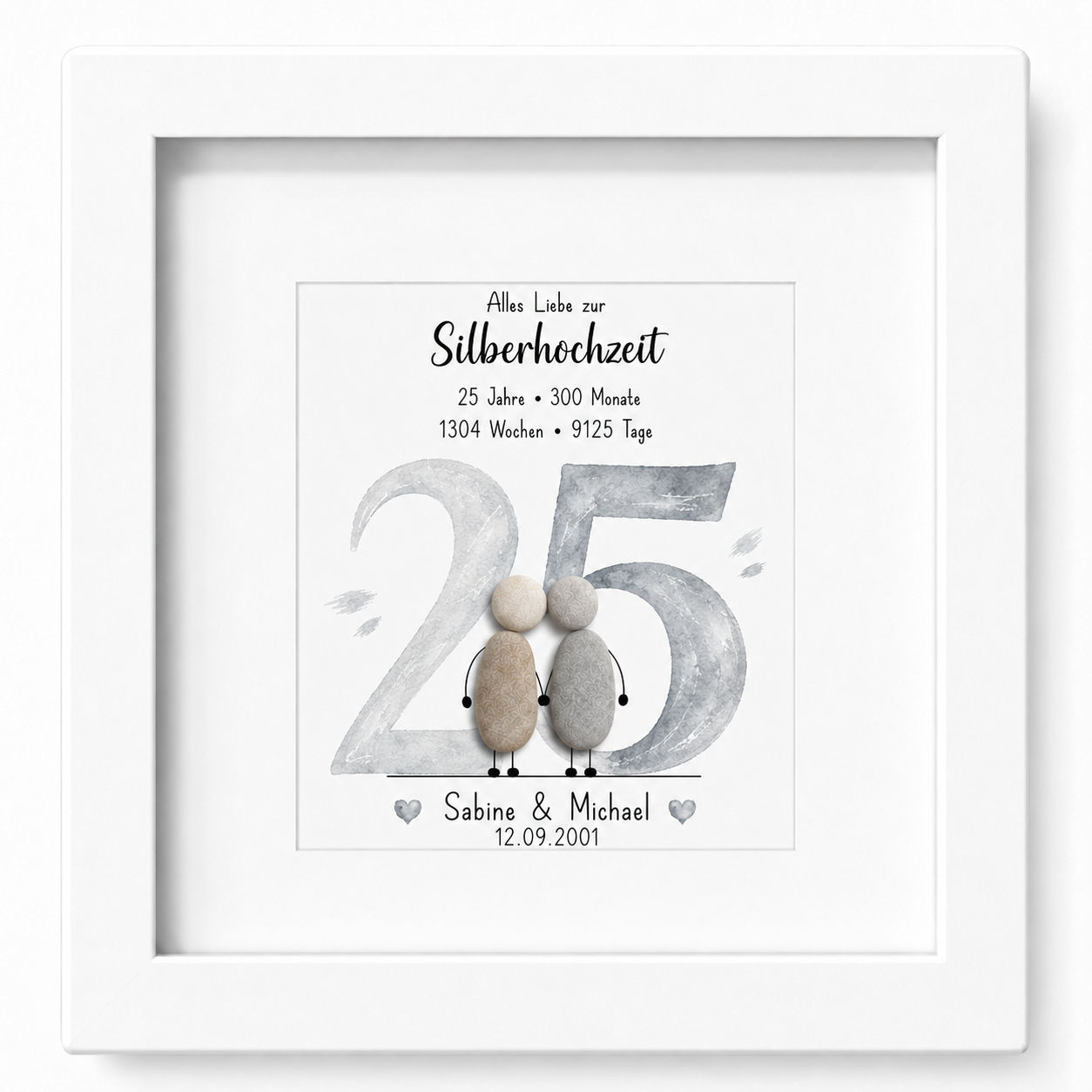 Kieselsteinbild Silberhochzeit – personalisierbares Geschenk zum 25. Hochzeitstag, handgemachtes Steinbild
