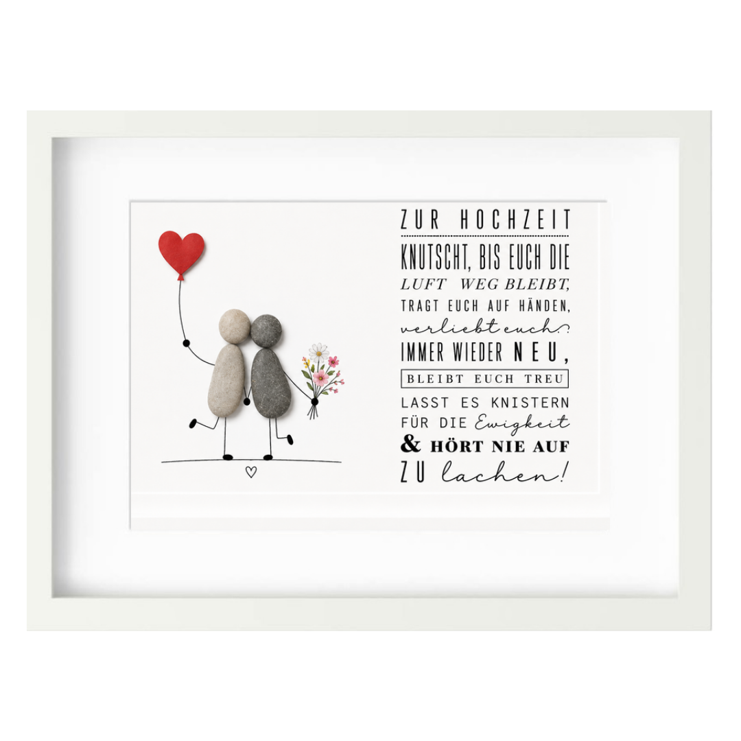 Kieselsteinbild Zur Hochzeit – Hochzeitsgedicht mit Herzluftballon und Blumenstrauß, handgemachtes Steinbild