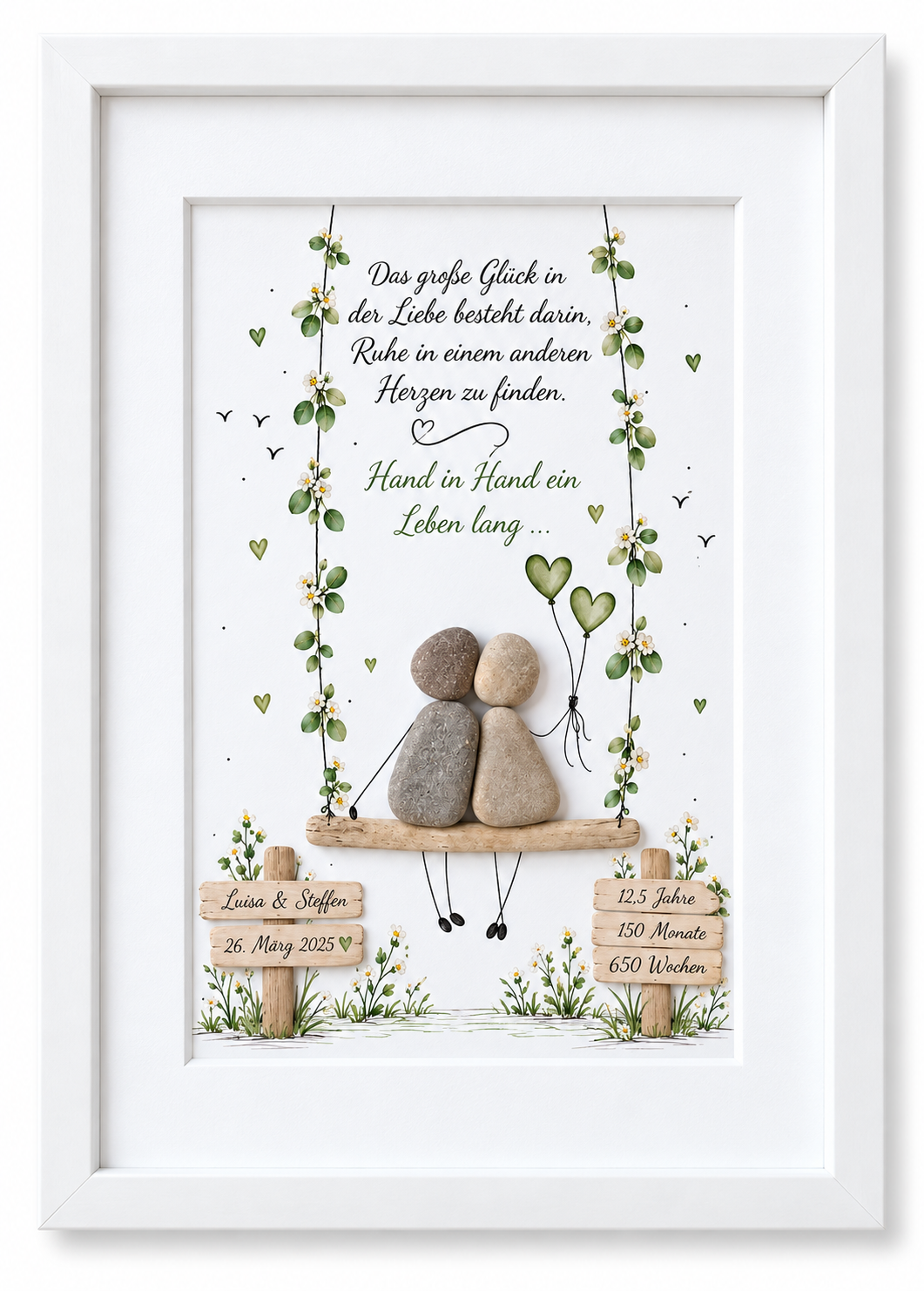 Kieselsteinbild Petersilienhochzeit Paar auf der Blumenschaukel mit Herzluftballons „Das große Glück in der Liebe besteht darin, Ruhe in einem anderen Herzen zu finden“ – personalisierbares Geschenk zum 12,5. Hochzeitstag, handgemachtes Steinbild