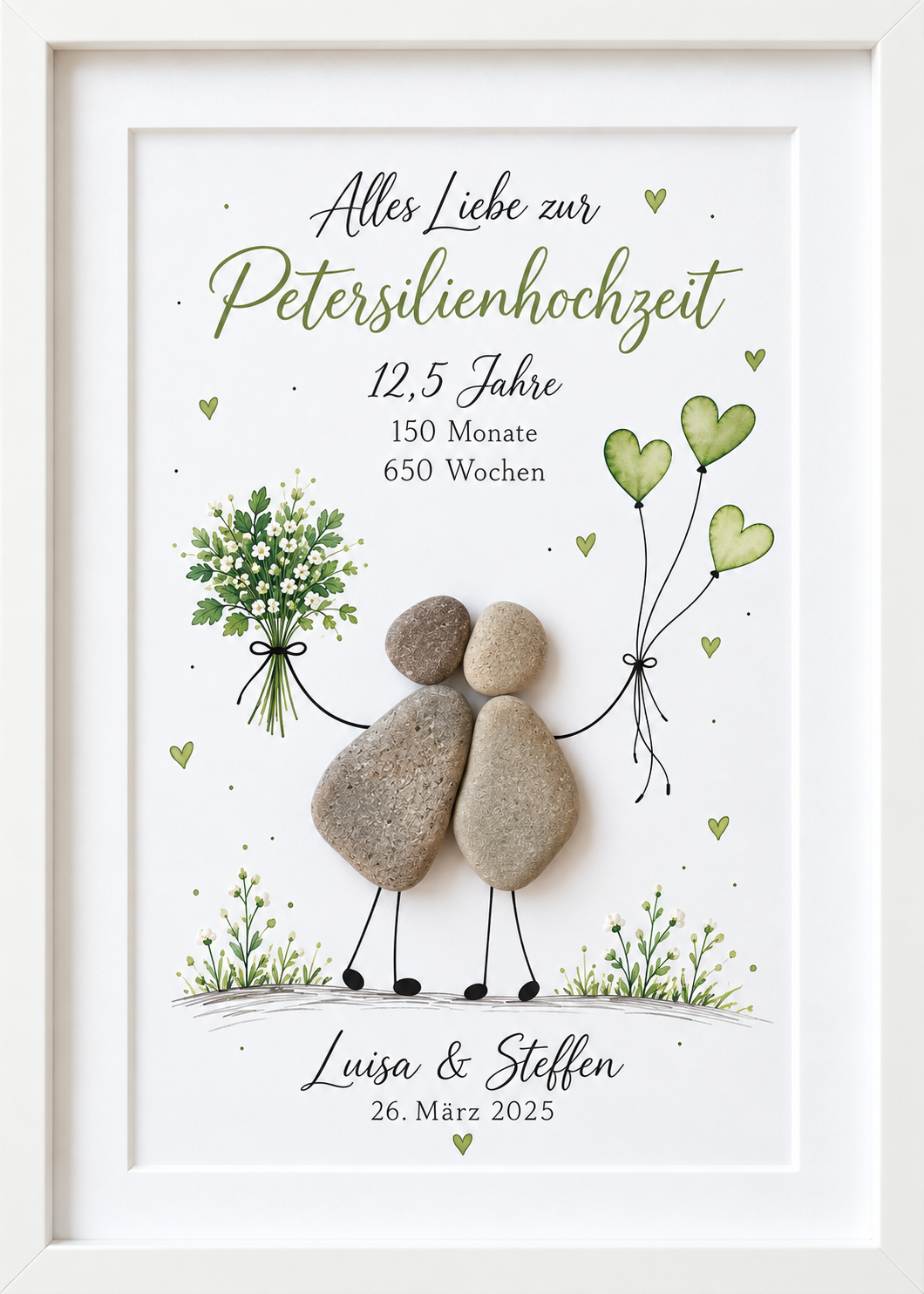 Kieselsteinbild Petersilienhochzeit Paar mit Blumenstrauß und grünen Herzluftballons „Alles Liebe zur Petersilienhochzeit – 12,5 Jahre, 150 Monate, 650 Wochen“ – personalisierbares Geschenk zum 12,5. Hochzeitstag, handgemachtes Steinbild