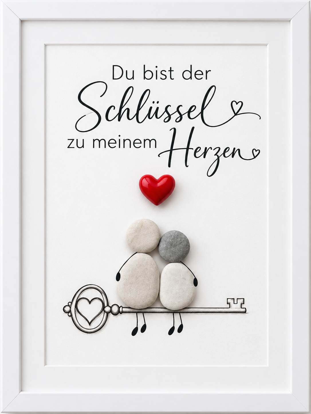 Kieselsteinbild Paar auf einem Schlüssel unter rotem Herz „Du bist der Schlüssel zu meinem Herzen“ – Liebesgeschenk zum Hochzeitstag und Valentinstag, handgemachtes Steinbild