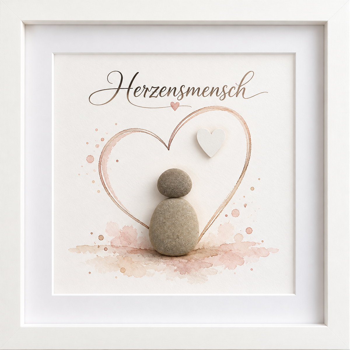 Kieselsteinbild Kieselstein-Figur in gezeichnetem Herz mit weißem Holzherz, Schriftzug „Herzensmensch“ – Liebesgeschenk zum Hochzeitstag und Jahrestag, handgemachtes Steinbild