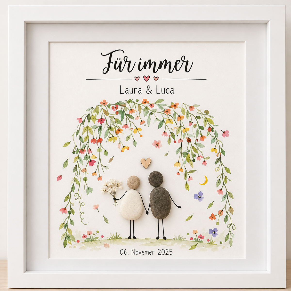 Kieselsteinbild „Für immer“ – Brautpaar unter Blumenbogen mit Namen und Datum, Hochzeitsgeschenk, handgemachtes Steinbild
