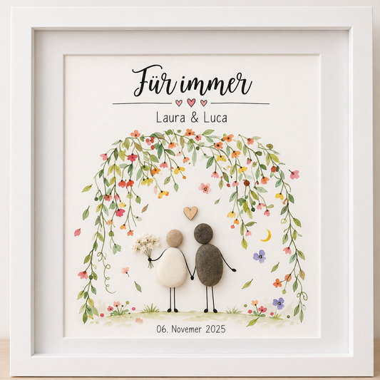 Kieselsteinbild „Für immer“ – Brautpaar unter Blumenbogen mit Namen und Datum, Hochzeitsgeschenk, handgemachtes Steinbild