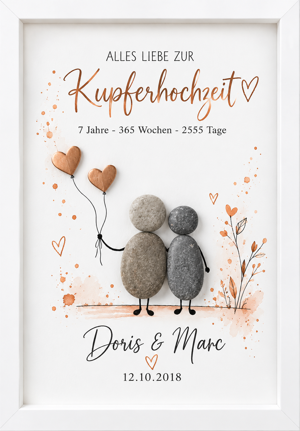 Kieselsteinbild Kupferhochzeit – Paar mit kupferfarbenen Herzballons, Namen und Datum, Geschenk zum 7. Hochzeitstag, handgemachtes Steinbild
