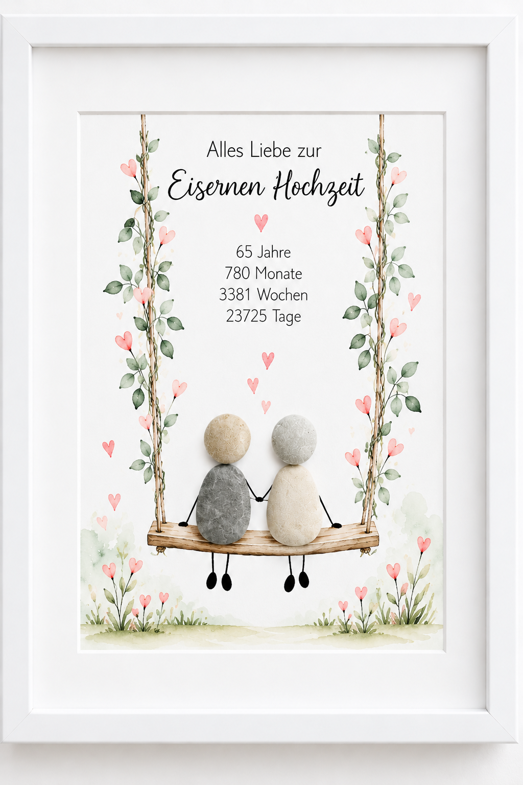 Kieselsteinbild Eiserne Hochzeit – Paar auf Blumenschaukel, Geschenk zum 65. Hochzeitstag, handgemachtes Steinbild