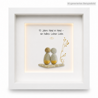 Kieselsteinbild Goldene Hochzeit mit Licht – personalisiertes Geschenk zum 50. Hochzeitstag, handgemachtes Steinbild