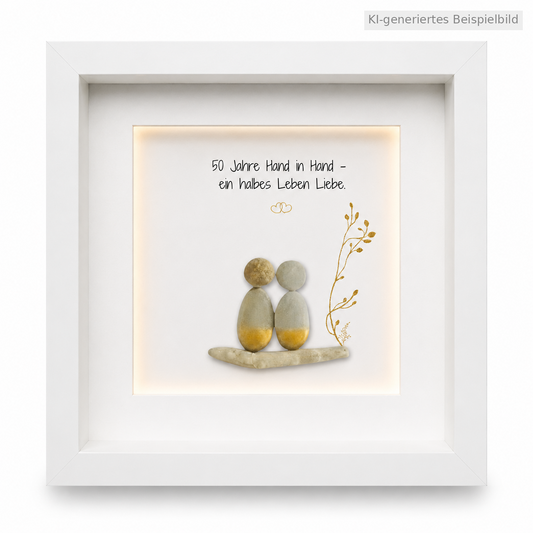 Kieselsteinbild Goldene Hochzeit mit Licht – personalisiertes Geschenk zum 50. Hochzeitstag, handgemachtes Steinbild