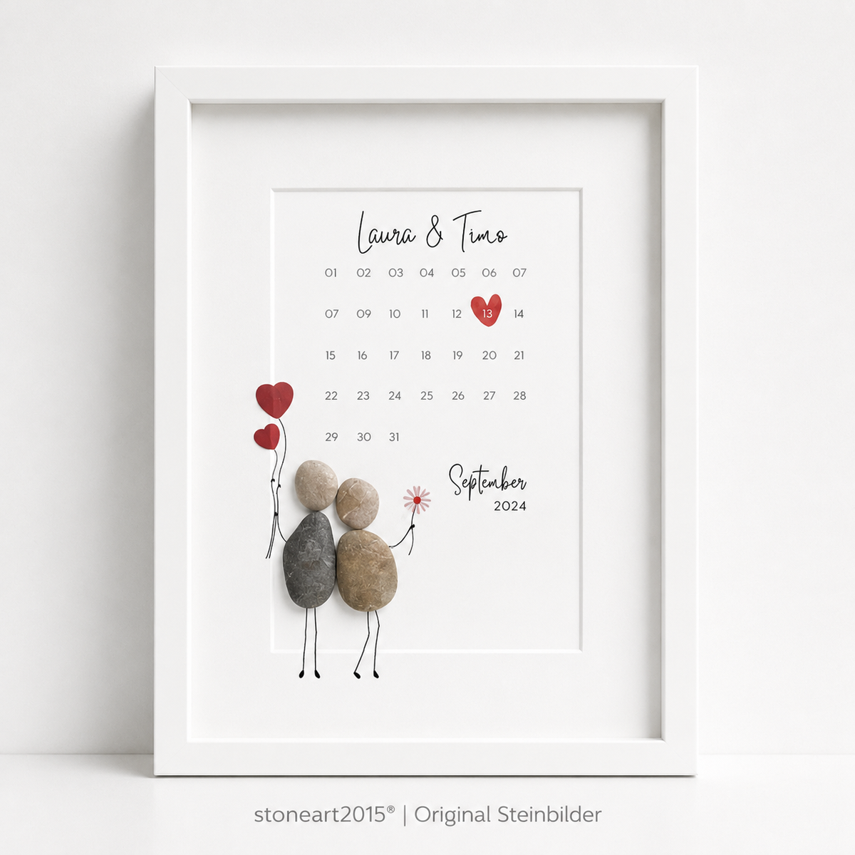 Kieselsteinbild Hochzeitskalender – originelles Hochzeitsgeschenk, handgemachtes Steinbild