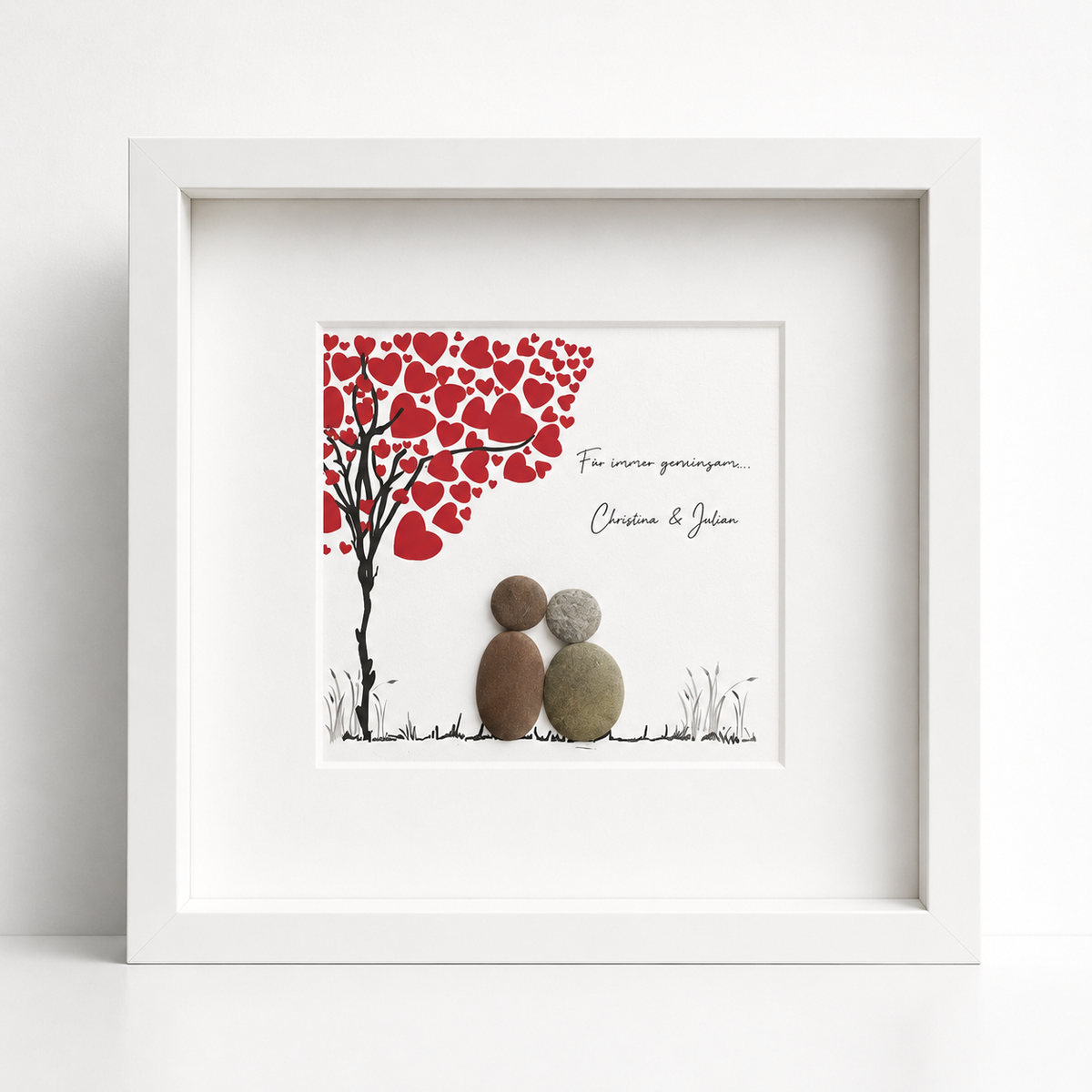 Kieselsteinbild Für immer gemeinsam – Hochzeitsgeschenk personalisiert, handgemachtes Steinbild