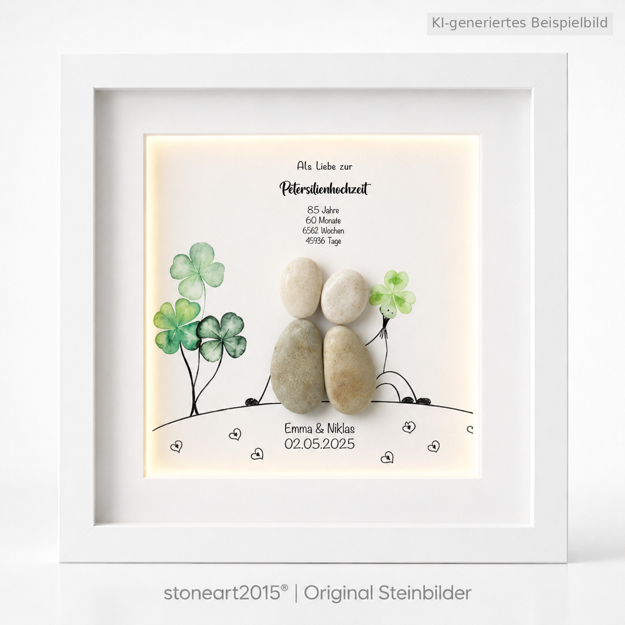 Kieselsteinbild Petersilienhochzeit Brautpaar mit Licht – Geschenk zum 12,5. Hochzeitstag, handgemachtes Steinbild