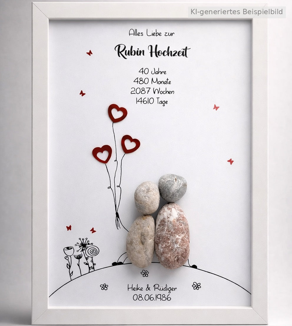 Kieselsteinbild Rubinhochzeit – Geschenk zum 40. Hochzeitstag, handgemachtes Steinbild