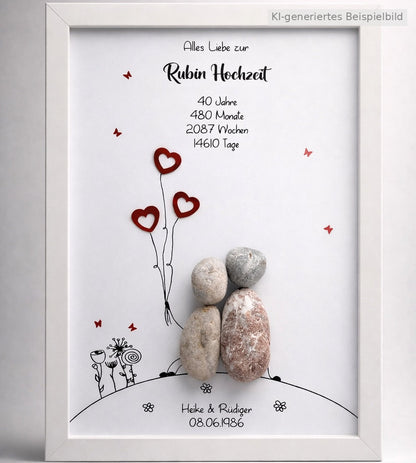 Kieselsteinbild Rubinhochzeit – Geschenk zum 40. Hochzeitstag, handgemachtes Steinbild