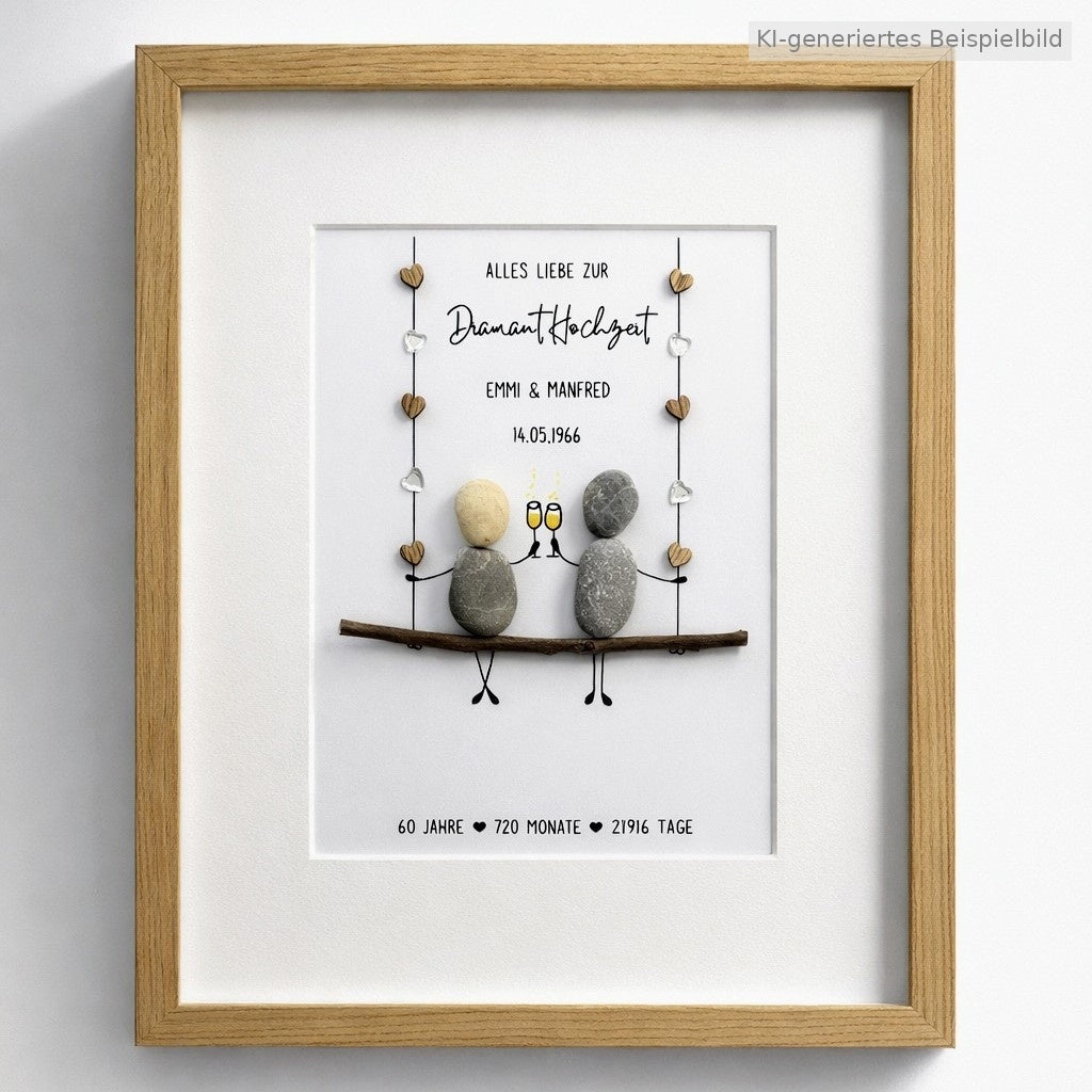 Kieselsteinbild Diamantene Hochzeit – Geschenk zum 60. Hochzeitstag, handgemachtes Steinbild