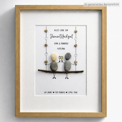 Kieselsteinbild Diamantene Hochzeit – Geschenk zum 60. Hochzeitstag, handgemachtes Steinbild