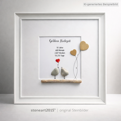 Kieselsteinbild Goldene Hochzeit Vögel Herzluftballons – Geschenk zum 50. Hochzeitstag, handgemachtes Steinbild