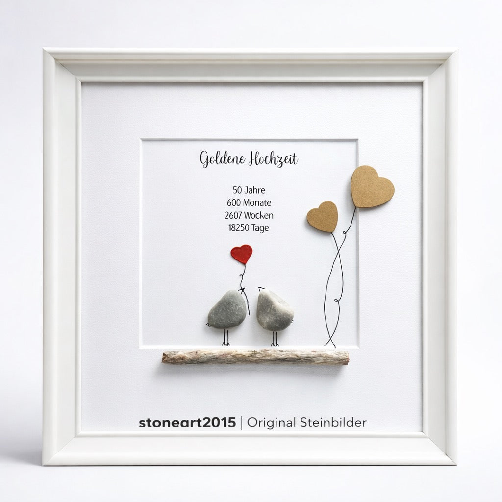 Kieselsteinbild Goldene Hochzeit Vögel Herzluftballons – Geschenk zum 50. Hochzeitstag, handgemachtes Steinbild