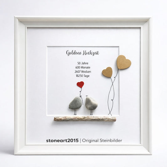 Kieselsteinbild Goldene Hochzeit Vögel Herzluftballons – Geschenk zum 50. Hochzeitstag, handgemachtes Steinbild