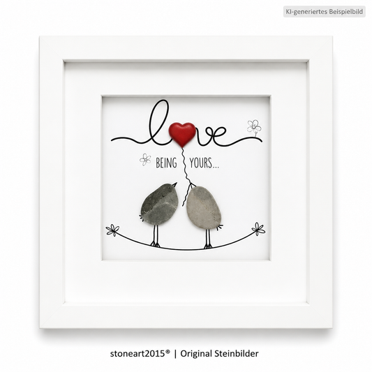 Kieselsteinbild Love being yours weiß – Hochzeitsgeschenk, handgemachtes Steinbild