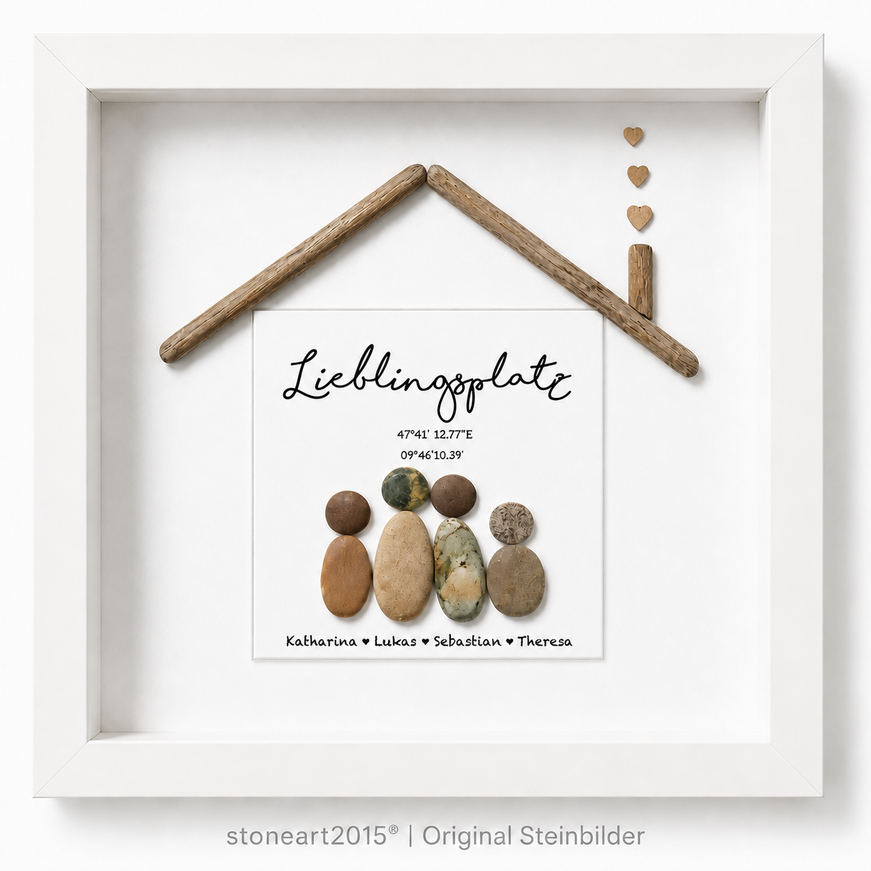 Kieselsteinbild Lieblingsplatz mit Koordinaten und Namen – personalisiertes Familien-Einzugsgeschenk, handgemachtes Steinbild