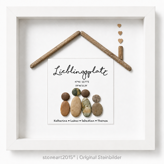Kieselsteinbild Lieblingsplatz mit Koordinaten und Namen – personalisiertes Familien-Einzugsgeschenk, handgemachtes Steinbild